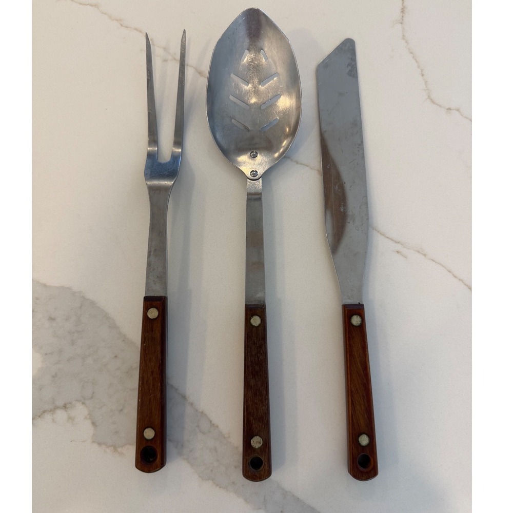Vintage Ace USA Stainless Steel Wood Handle Utensil Set Spoon Fork Spatula 3pc